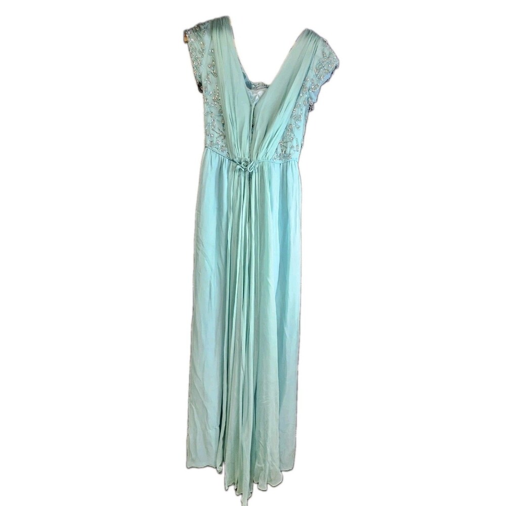 Vintage Lee Claire New York Aqua Beaded Chiffon Evening Gown w/ Back Sash - Picture 4 of 9